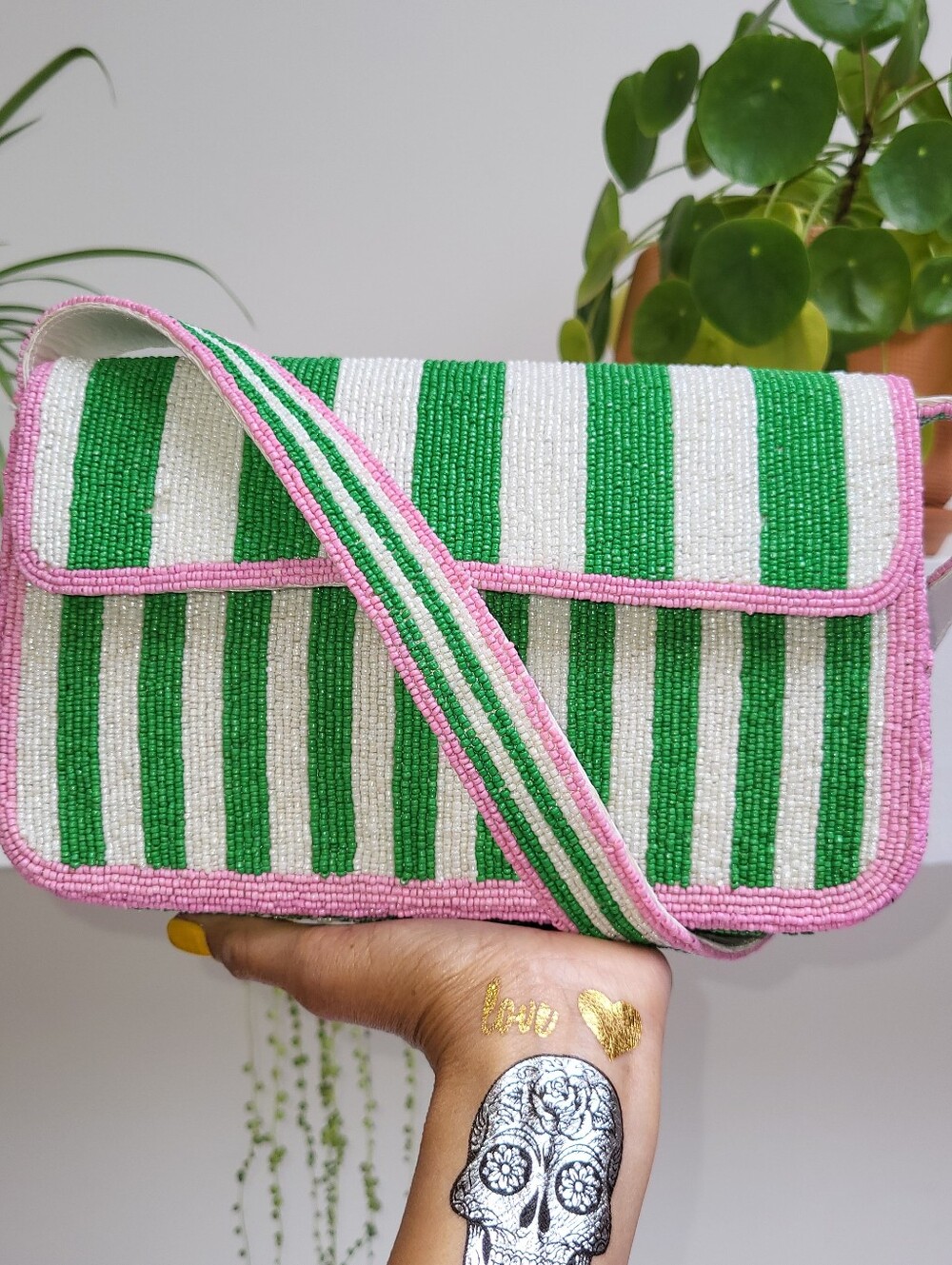 Viral Pink Green White Beaded Purse Alpha Kappa Alpha colors AKA Handbag